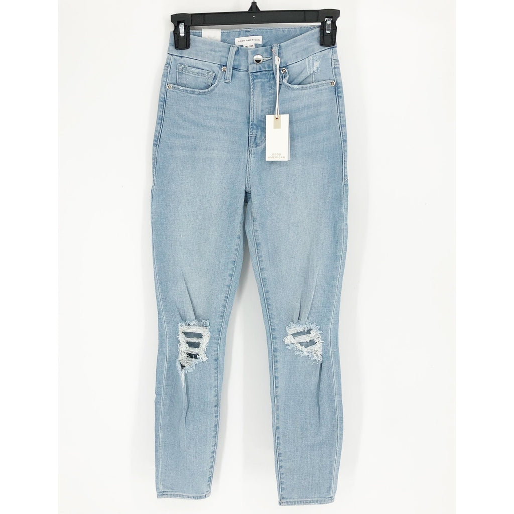 GOOD AMERICAN Good Waist Crop Skinny Jeans US 00 24 Light Blue Distressed NWT