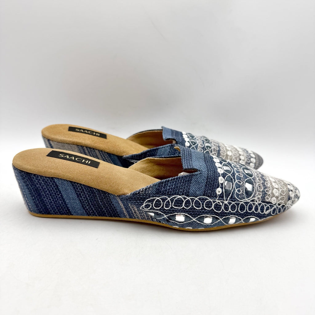 Saachi Womens Denim Wedge Mules US 11 Blue Silk Embroidered NWOB