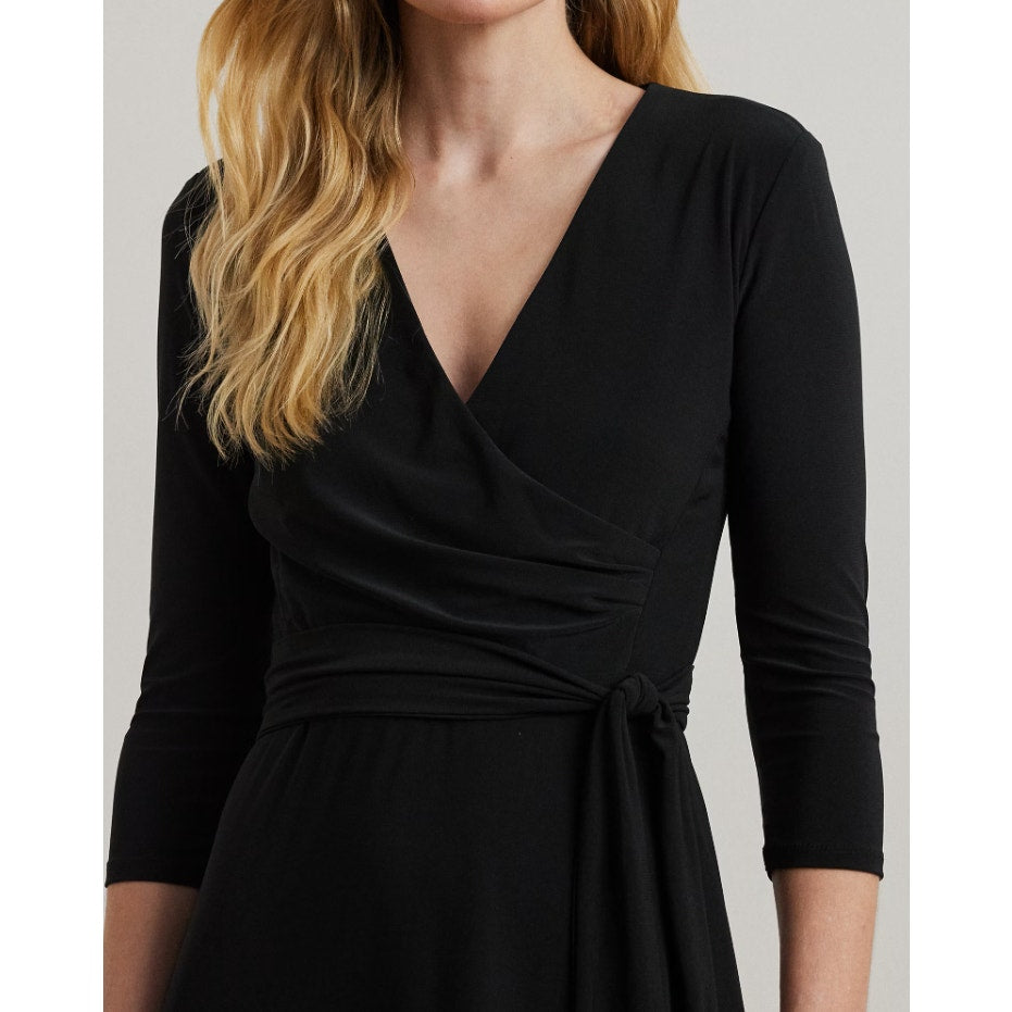 LAUREN RALPH LAUREN Surplice Jersey Dress Size 6 Black 3/4 Sleeves Belted NWT