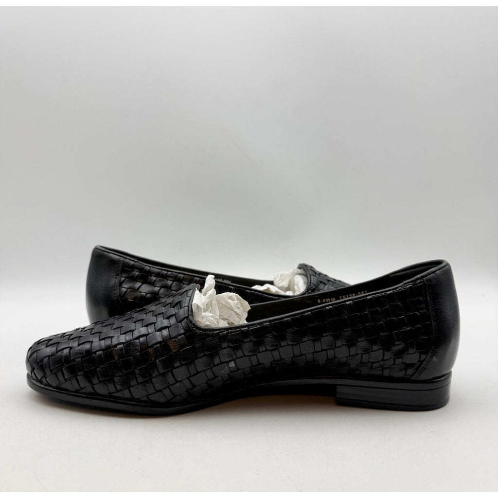 TROTTERS Womens Liz Loafers Size 8.5 Extra Wide Black Woven Leather Slip-On NWOB