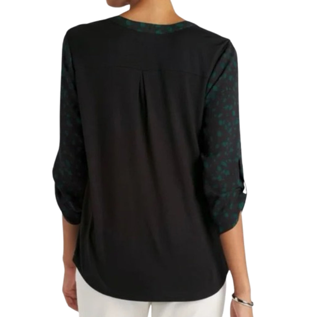 FORTUNE + IVY Womens Tulsa Mixed Material Blouse Small Black Green Abstract NWOT