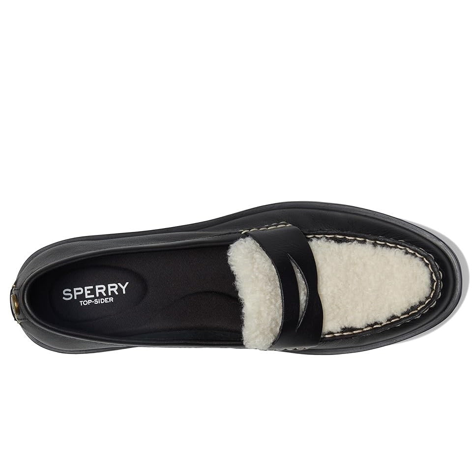 Sperry Womens Chunky Penny Loafers Size 6.5 M Black Leather Shearling Top NWOB