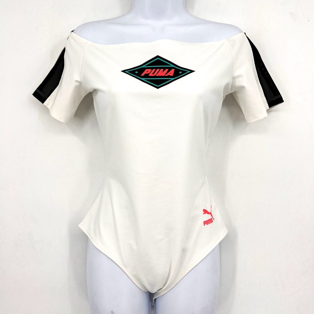 PUMA Women's XTG Bodysuit Shirt Medium White Multicolor Off Shoulder NWT