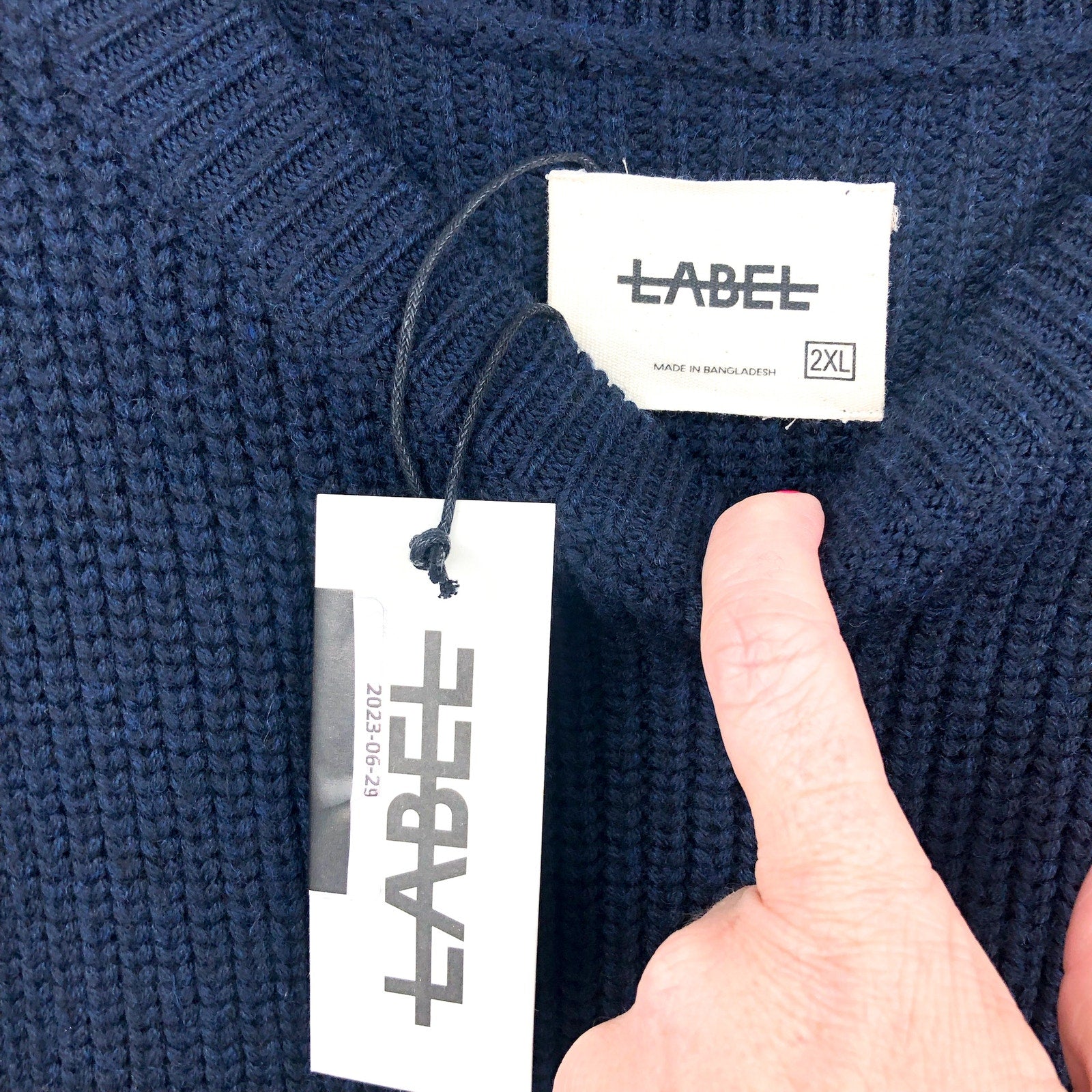 LABEL Men's Go-To Sweater XXL Navy Blue Light Grey Crewneck Merino Wool NWT
