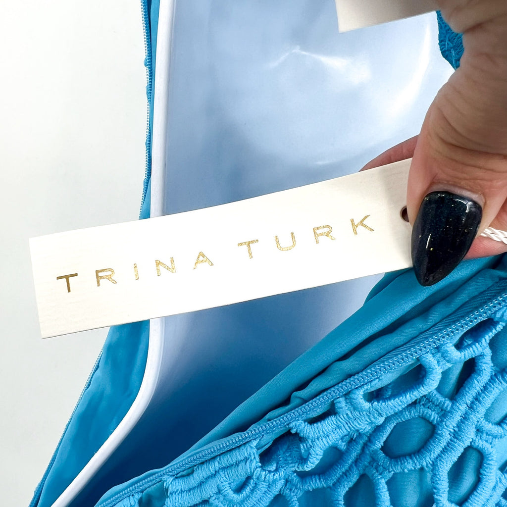 TRINA TURK Eleanor Midi Sheath Dress Size 6 Blue Grotto Crochet Sleeveless NWT