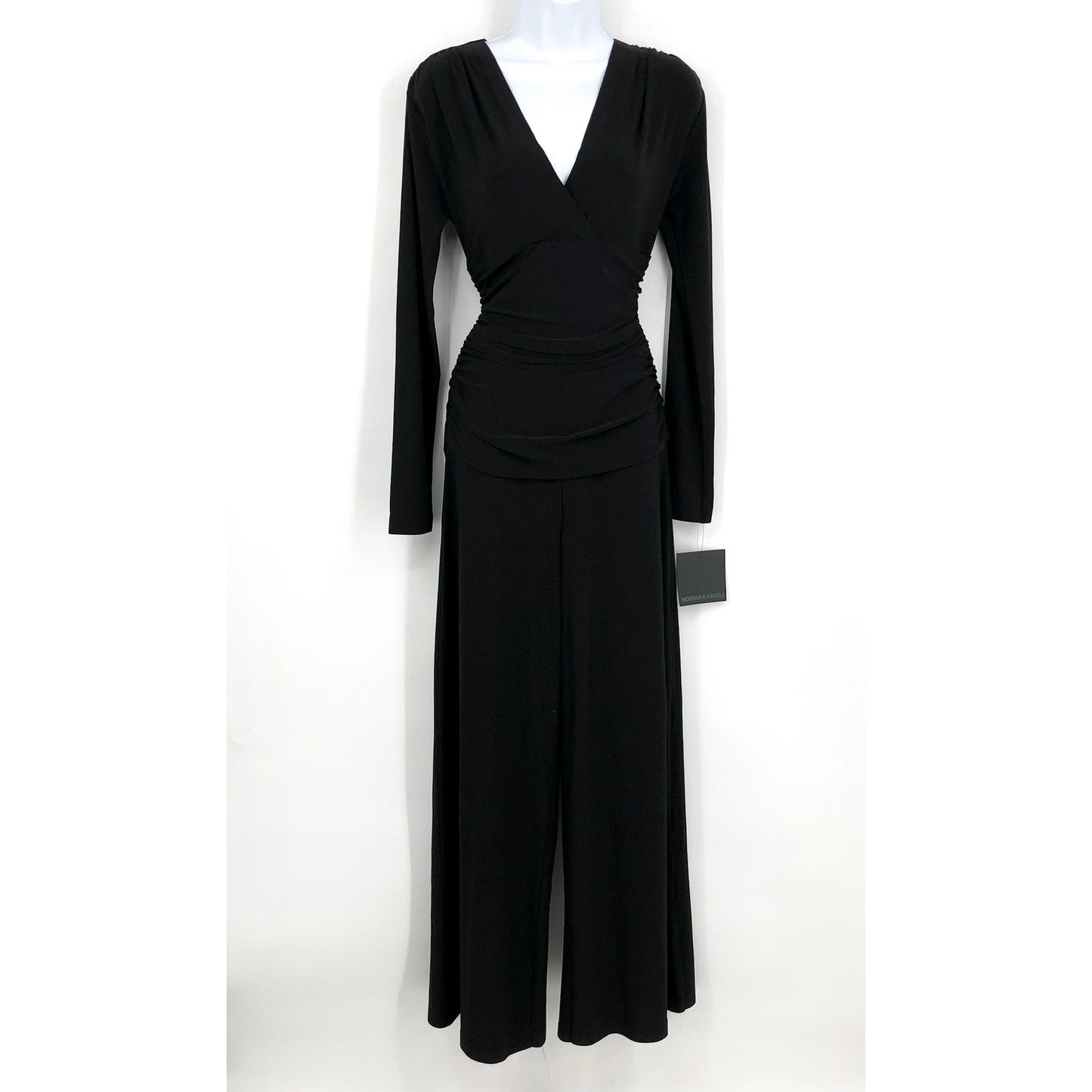 NORMA KAMALI V-Neck Long Sleeve Jumpsuit Large 40 Black Shirred Waist NWT