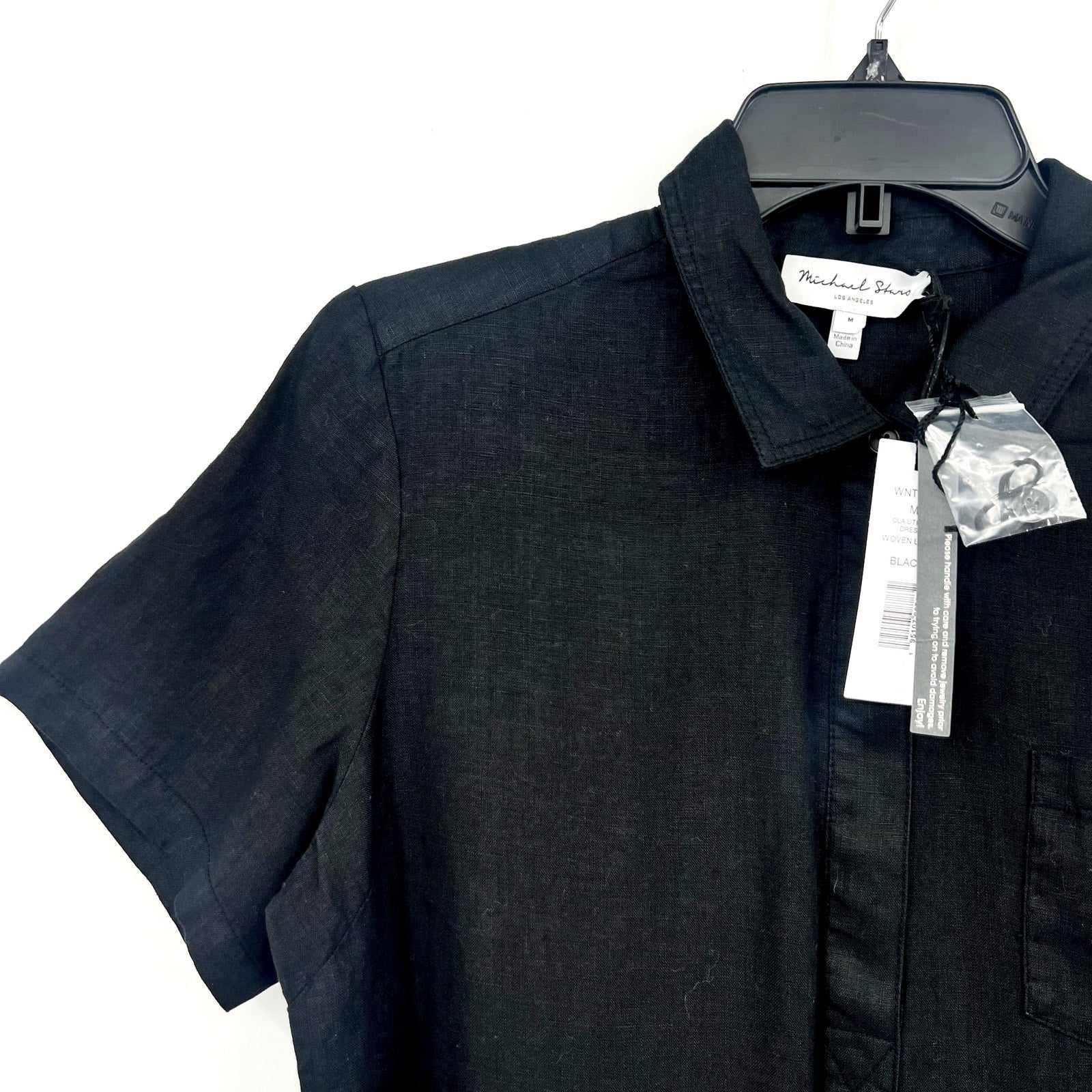 MICHAEL STARS Women's Ola Utility Dress Medium Black Short Sleeve Linen NWT
