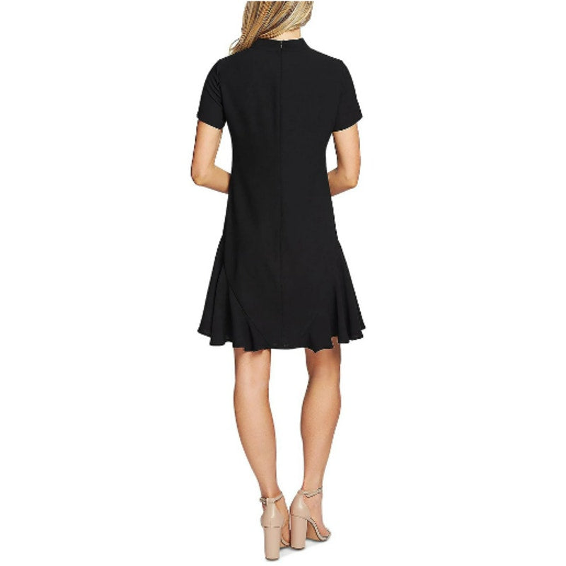 CECE Women's Ruffled Bow Neck Mini Dress Size 6 Rich Black Short Sleeve NWT