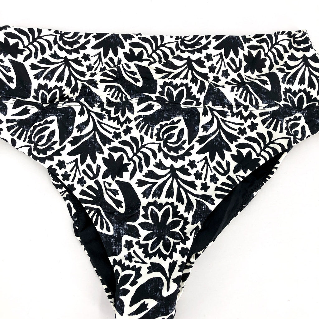 PRANA Women's Aurelia Bikini Bottom XL White Black Flora Fauna High Waist NWT