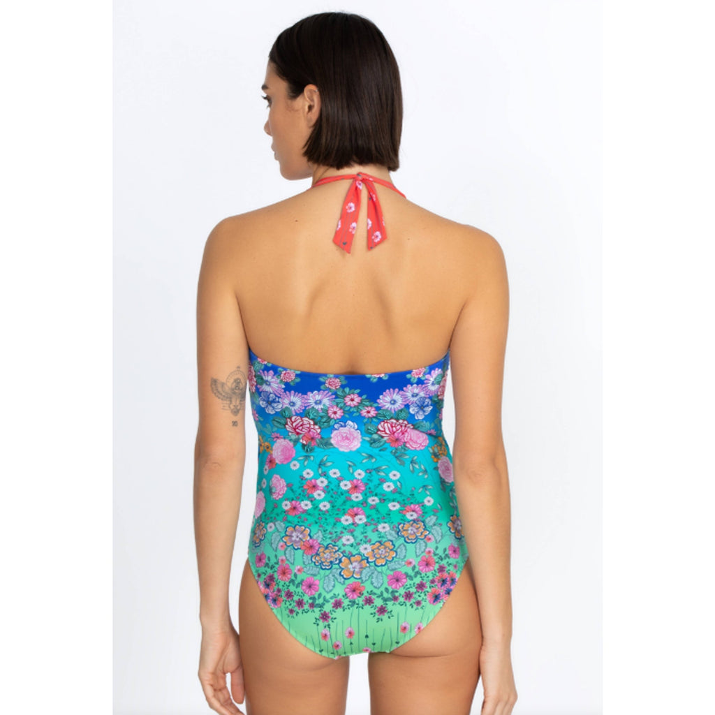JOHNNY WAS Women's Rainbow One Piece Swimsuit Small Twist Keyhole Floral NWT