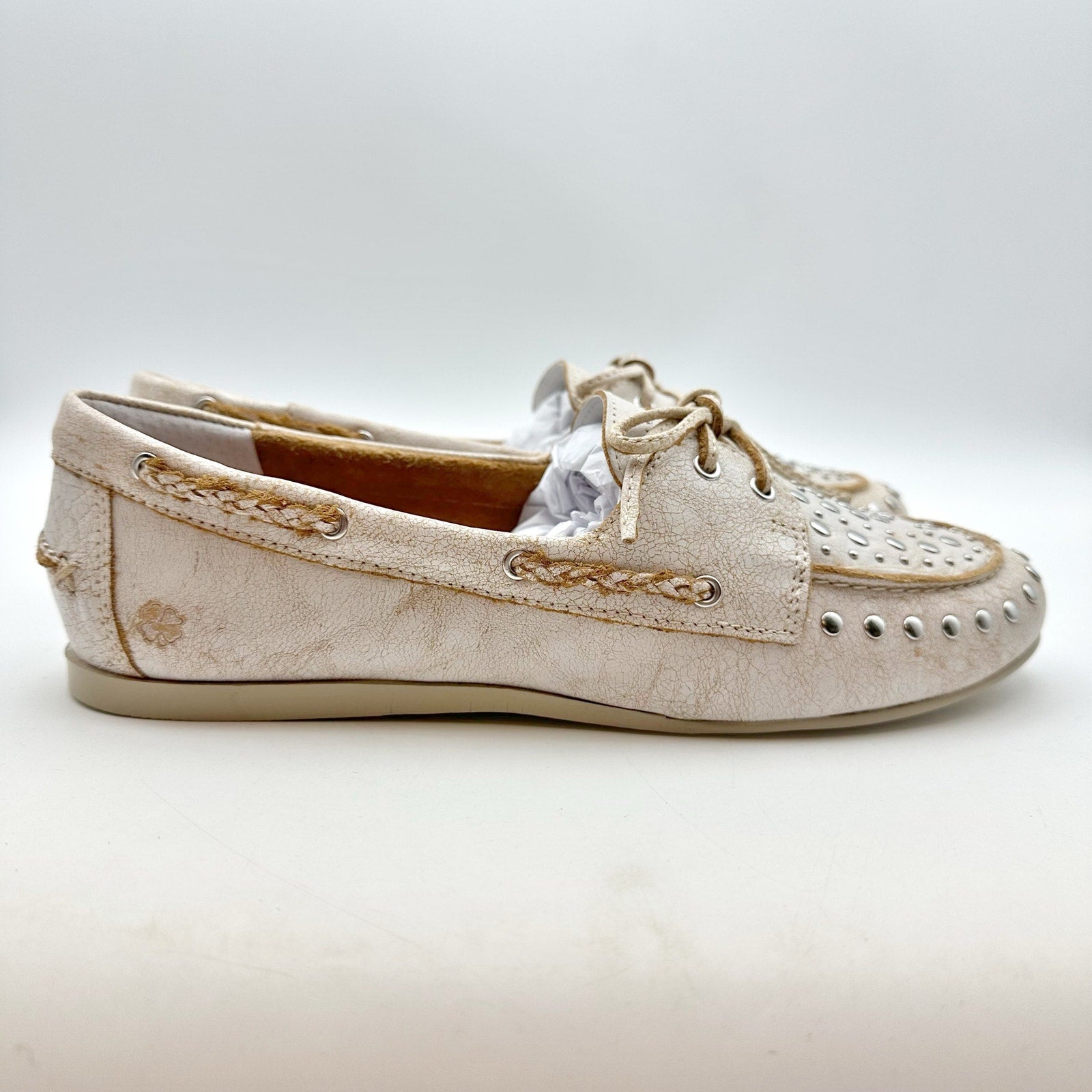 Lucky Brand Womens Timini Studded Loafers Size 8 Distressed White Leather NIB