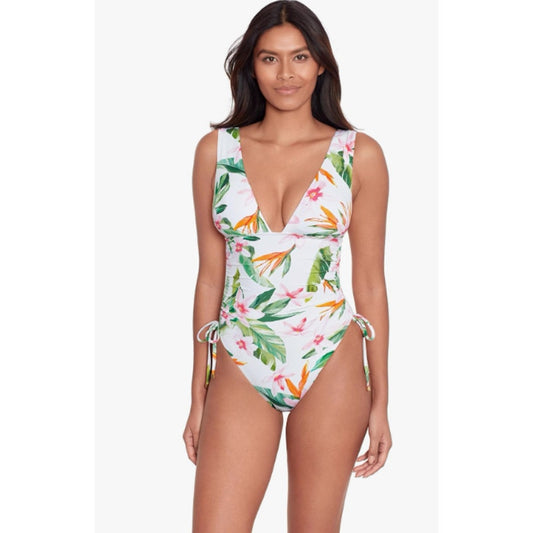 LAUREN RALPH LAUREN Plunge One Piece Swimsuit 6 White Watercolor Floral NWT