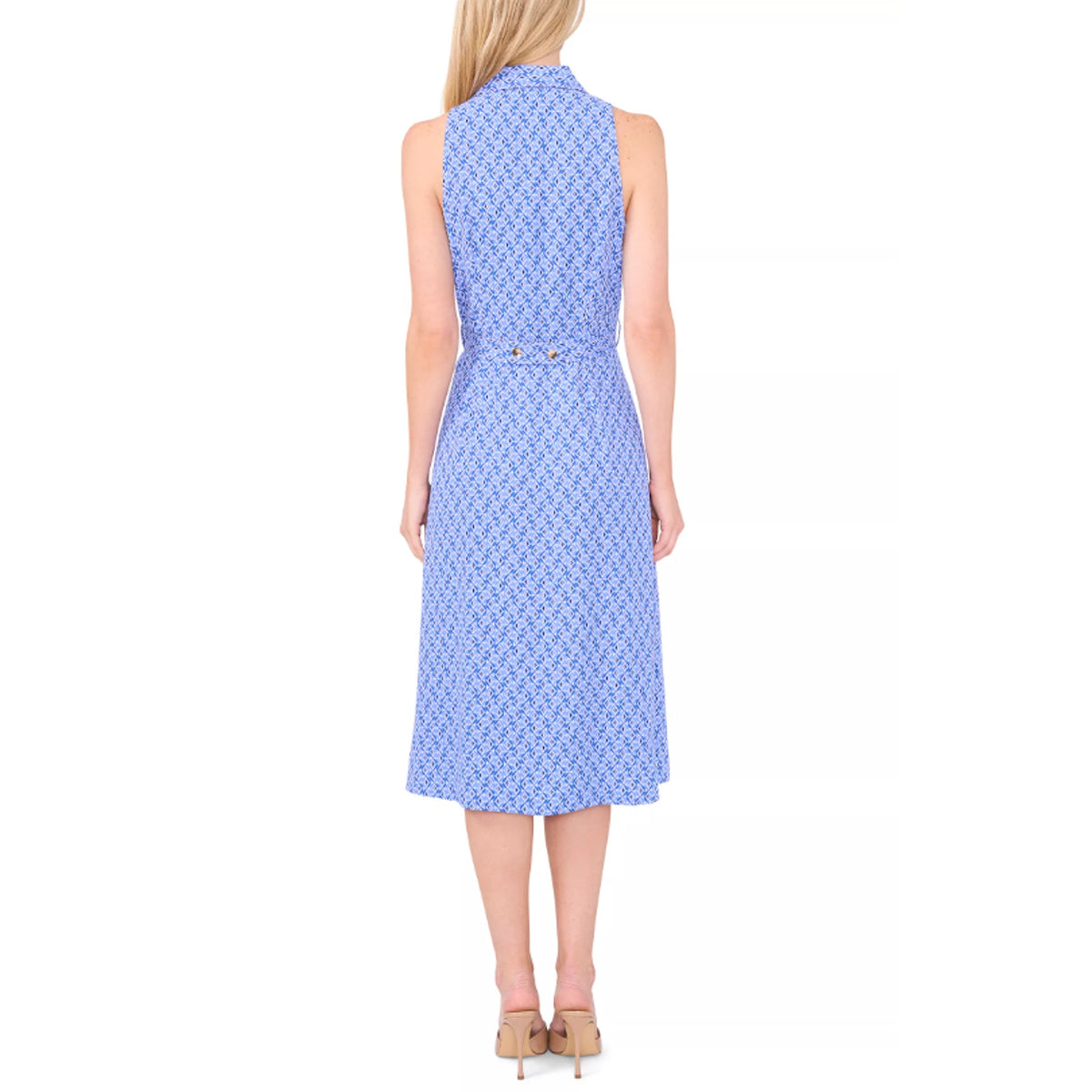 CECE Midi Shirt Dress Size 6 Blue Print Sleeveless V-Neck Belted Waist NWT