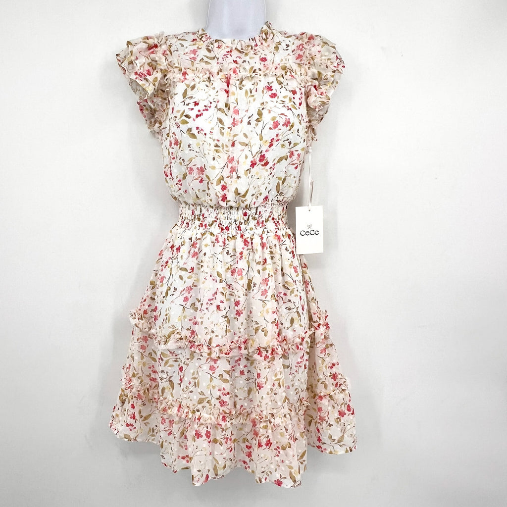 CECE Women's Short Ruffle Front Dress XS White Pink Peony Floral Print NWT
