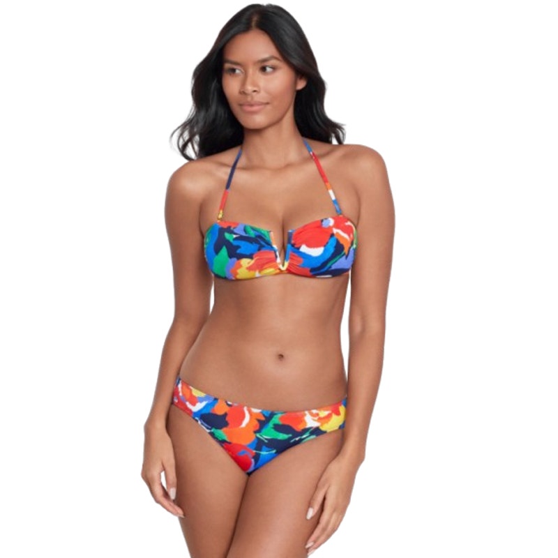 LAUREN RALPH LAUREN Floral V Wire Bandeau Bikini Top SZ 14 Red Blue Abstract NWT