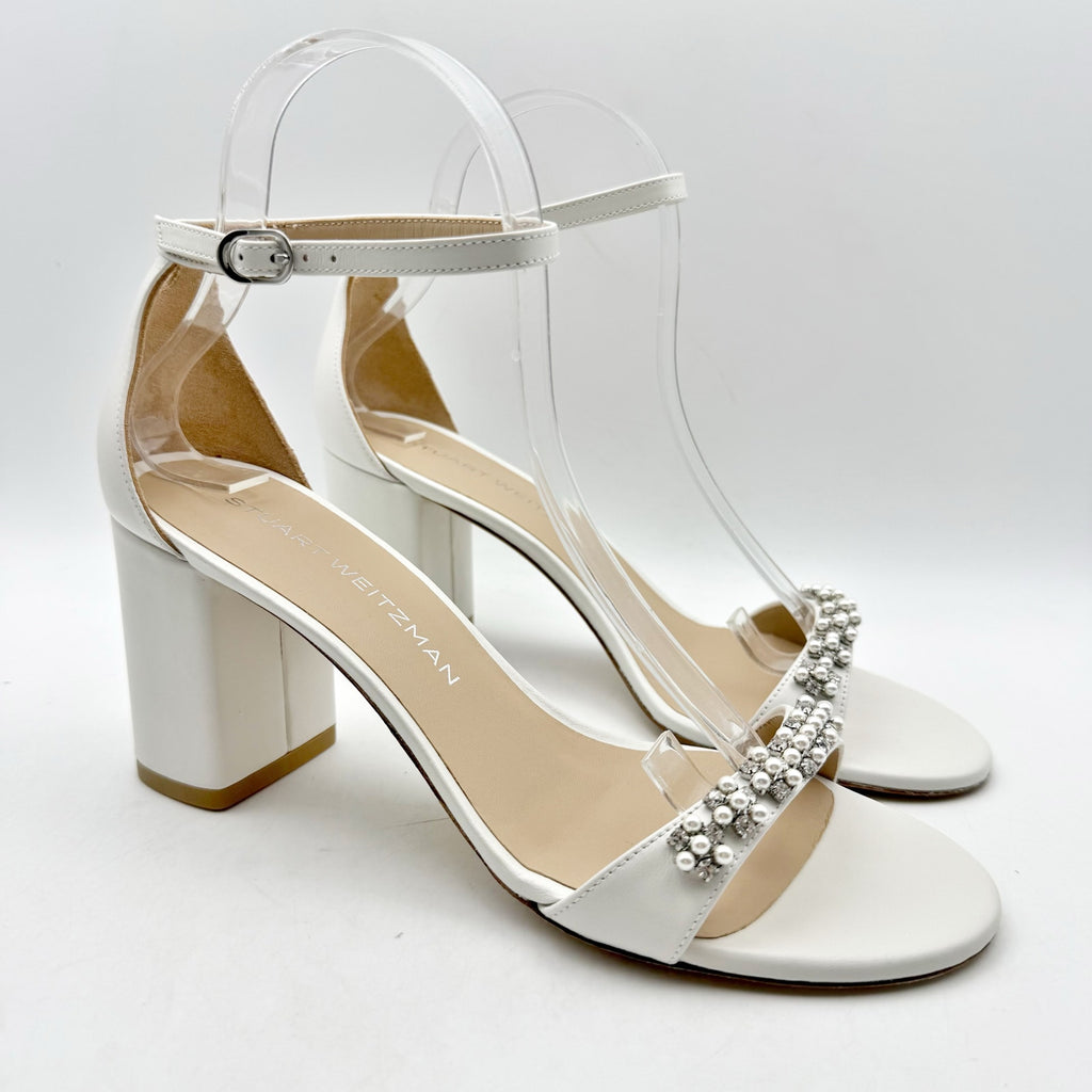 Stuart Weitzman Women Nudist Poppy 75 Block Heel Sandal US 8.5 White Leather NIB