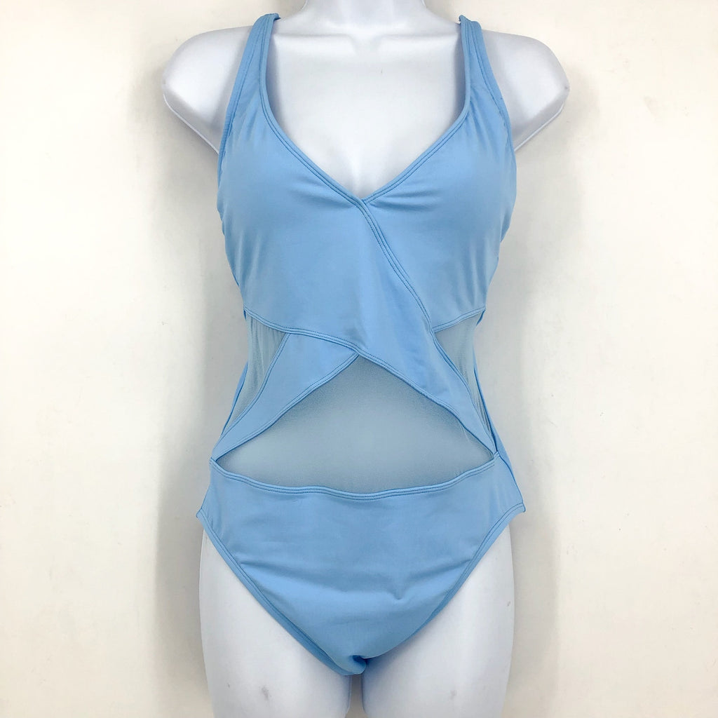 BLEU ROD BEATTIE Don’t Mesh with Me V-Neck One-Piece Swimsuit Size 8 Blue NWT