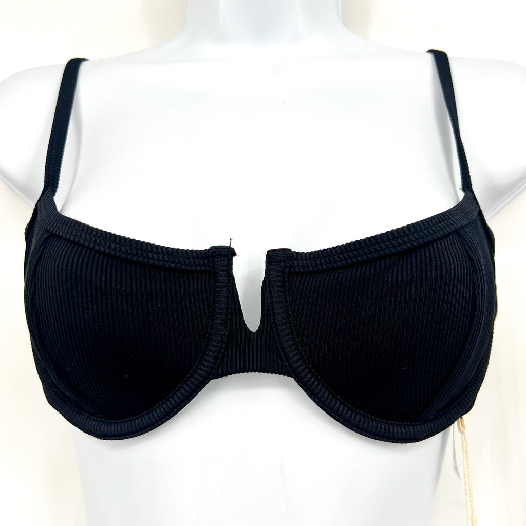 L*SPACE Women's Hunter Underwire Bikini Top Small Black V Front Tie Back NWT