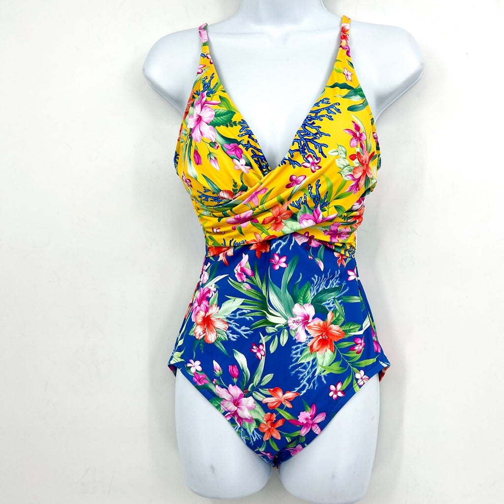 TOMMY BAHAMA Women's Isola Vita One-Piece Swimsuit Size 8 Yellow Blue Floral NWT