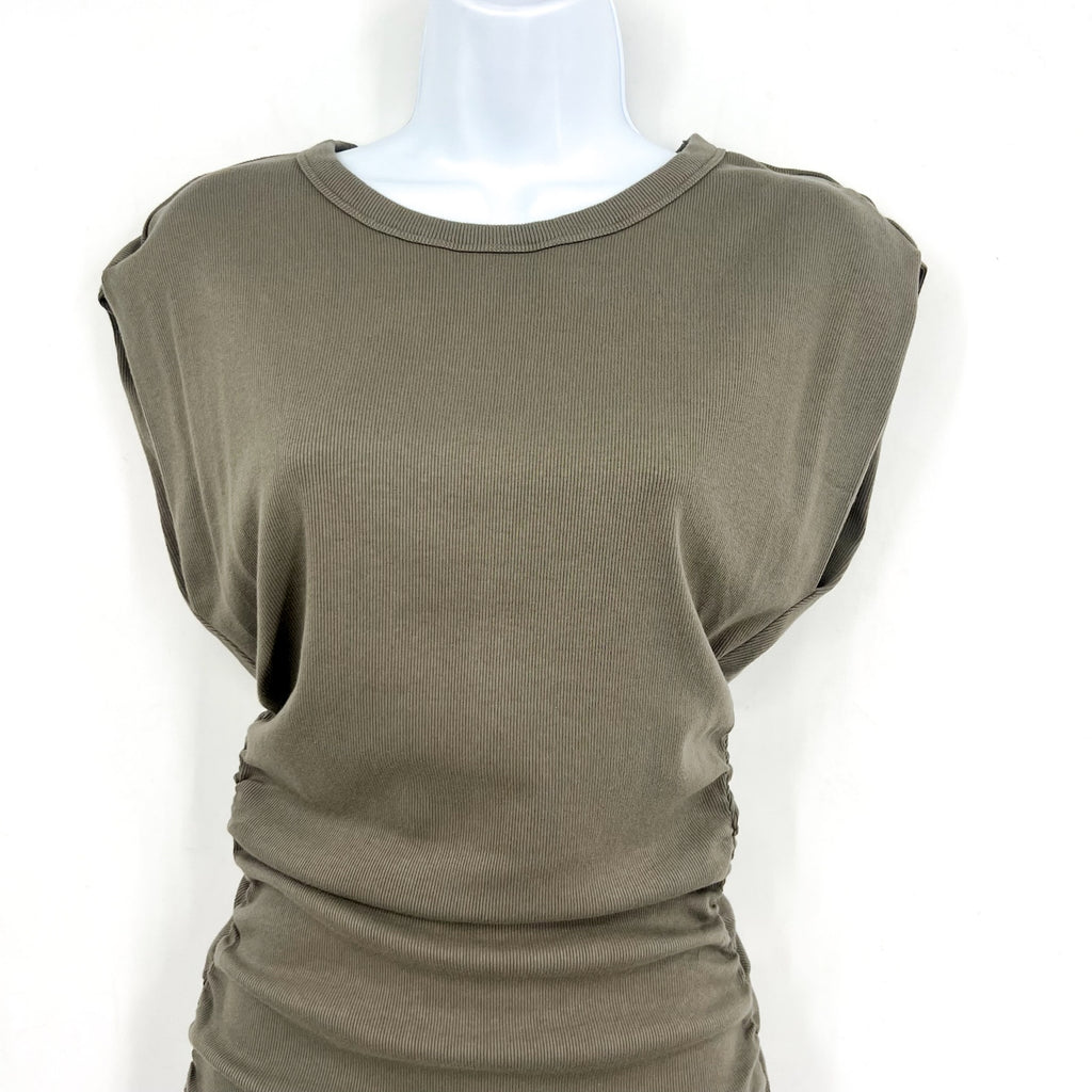 MICHAEL STARS Ricci Power Shoulder Dress Small Olive Green Short Sleeve NWT