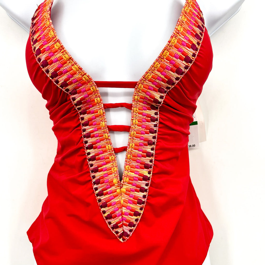 BECCA Fiesta Clare Plunge One Piece Swimsuit Large Fire Red Embroidered NWT