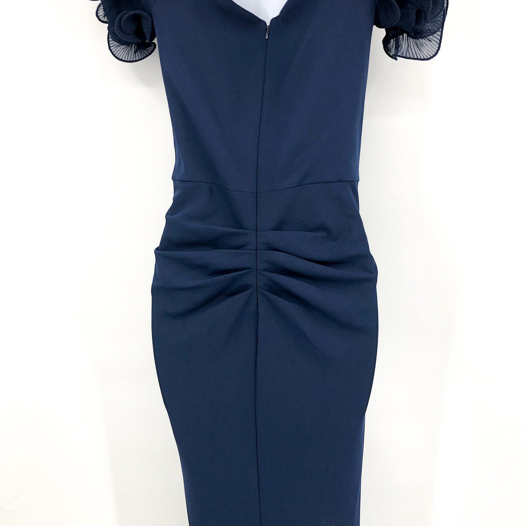 XSCAPE Ashlyn Scuba Crepe Off the Shoulder Long Gown Size 8 Navy Blue Dress NWT