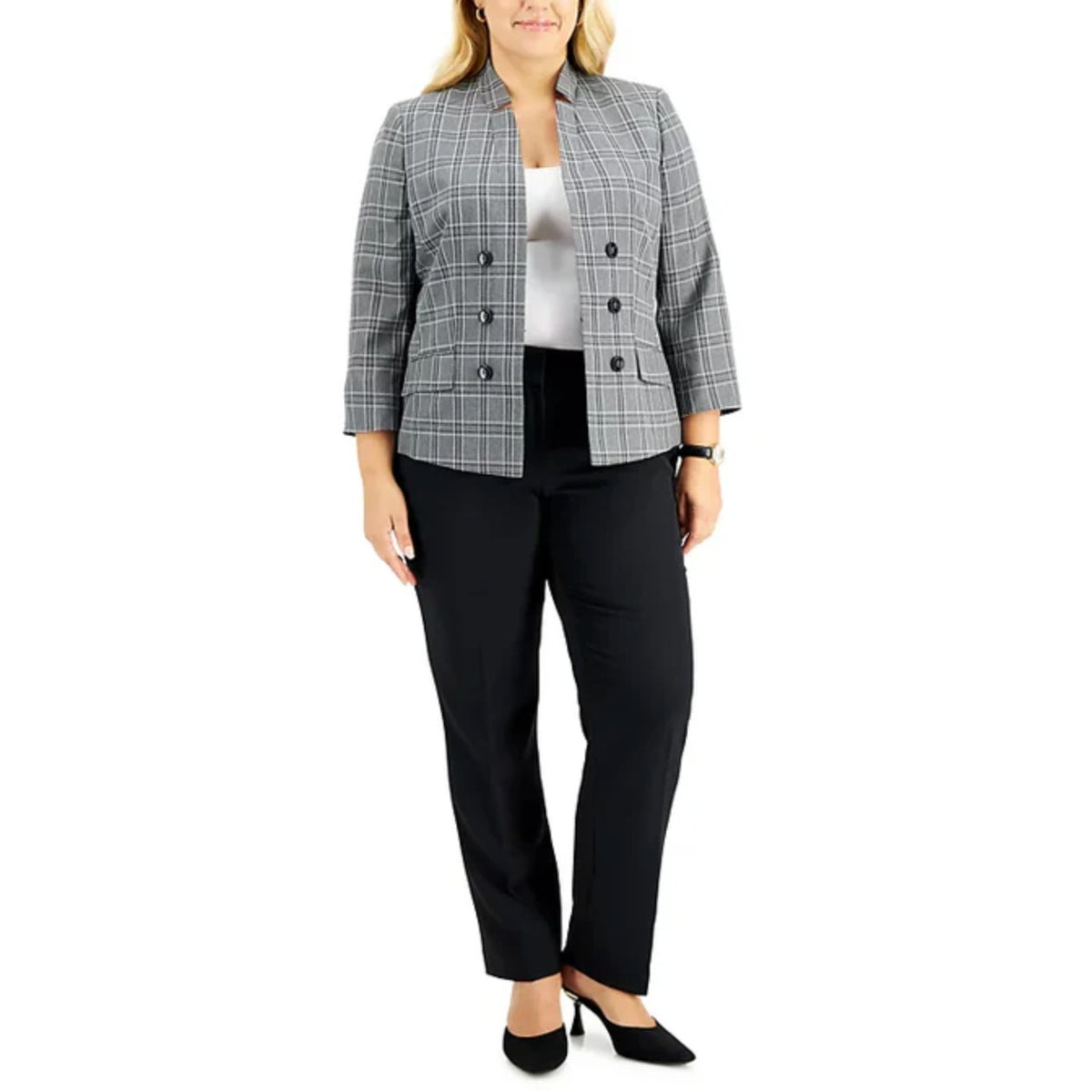 LE SUIT Womens Windowpane Plaid Suit Jacket SIZE 16 Grey Black Button Blazer NWT