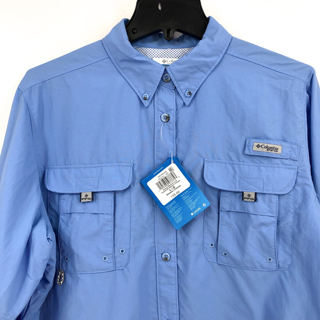COLUMBIA Women's PFG Bahama II Shirt Large Blue Long Sleeve UPF 50 NWT