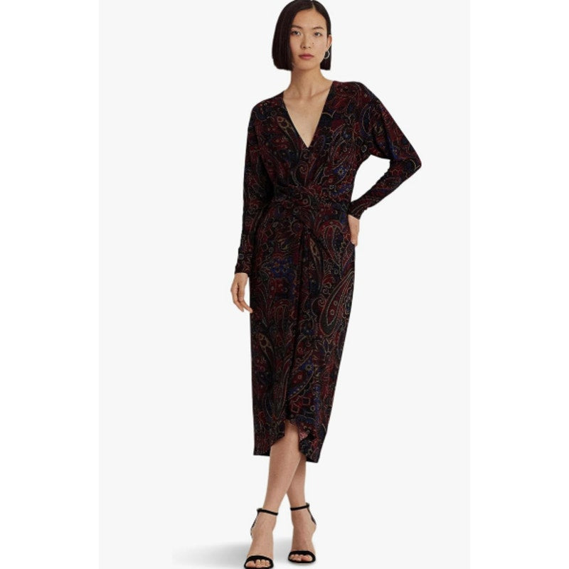 LAUREN RALPH LAUREN Twist-Front Jersey Dress Size 12 Red Checked Paisley NWT