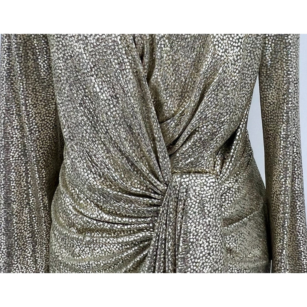 ADRIANNA PAPELL Metallic Foil Faux Wrap Dress Size 16 Light Gold Cocktail NWT