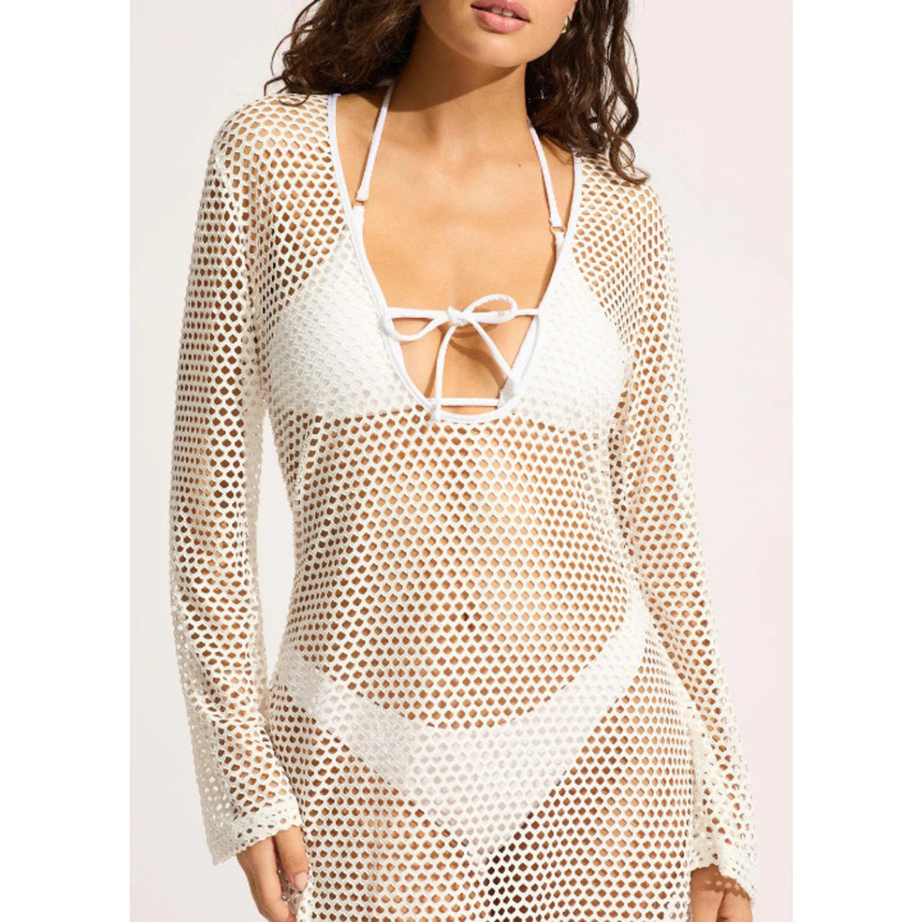 SEAFOLLY Women's Mesh Effect Swim Cover Up US 6 Small White Long Sleeve NWT