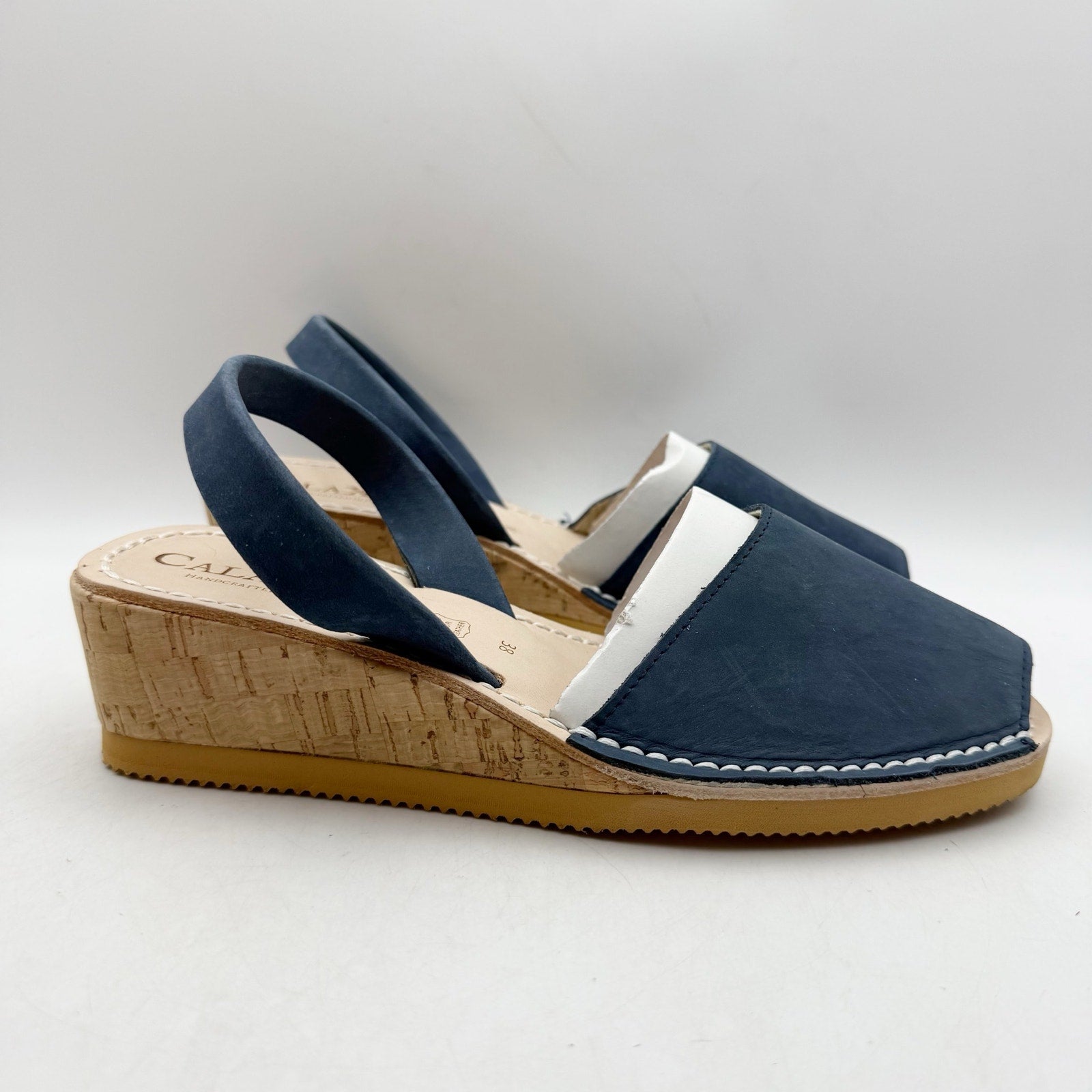 CalaXini Womens Cork Wedge Sandals EU 38 US 7.5-8 Navy Blue Suede NWOB