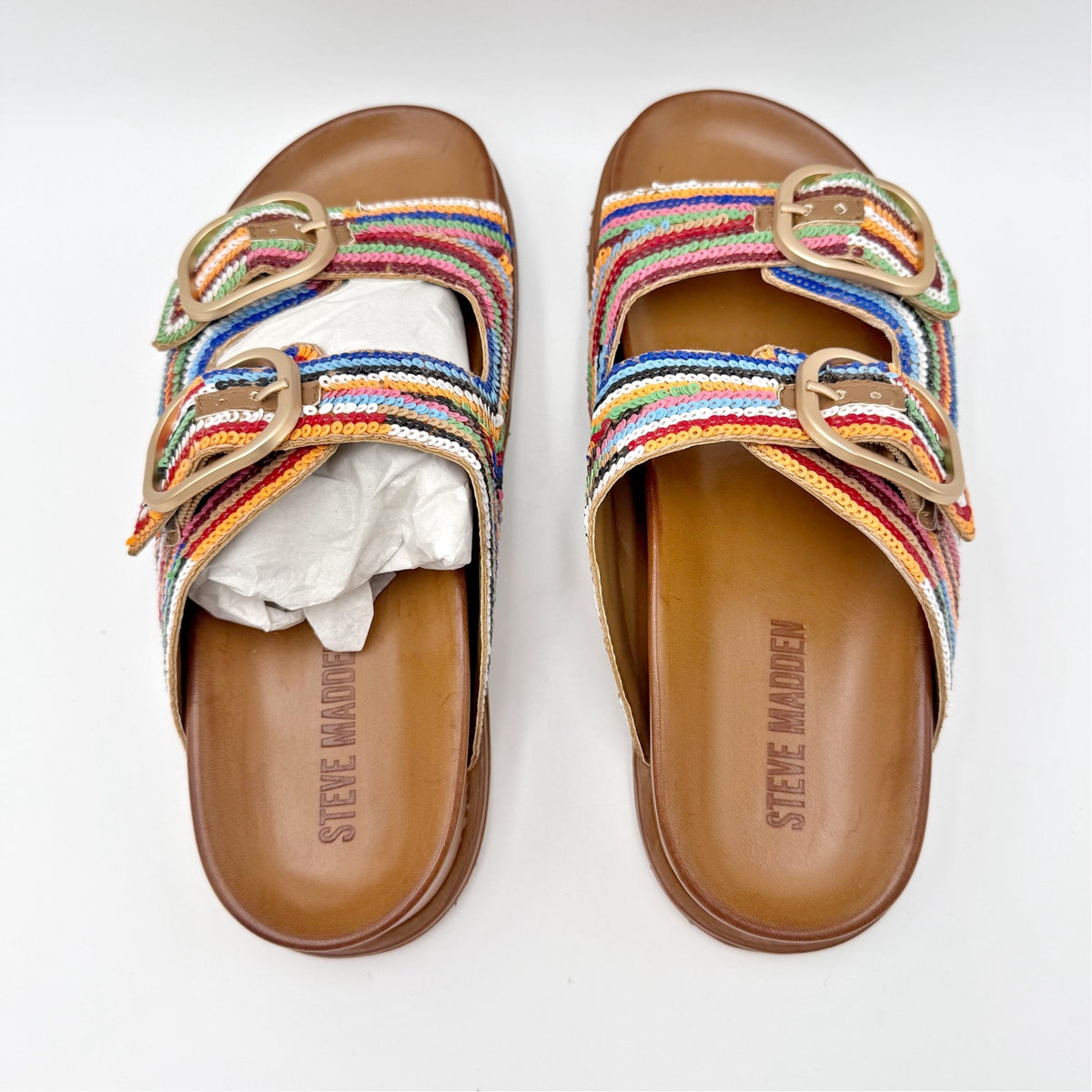 Steve Madden Womens Tourist Footbed Sandals Size 7.5 Multicolor Sequins NIB