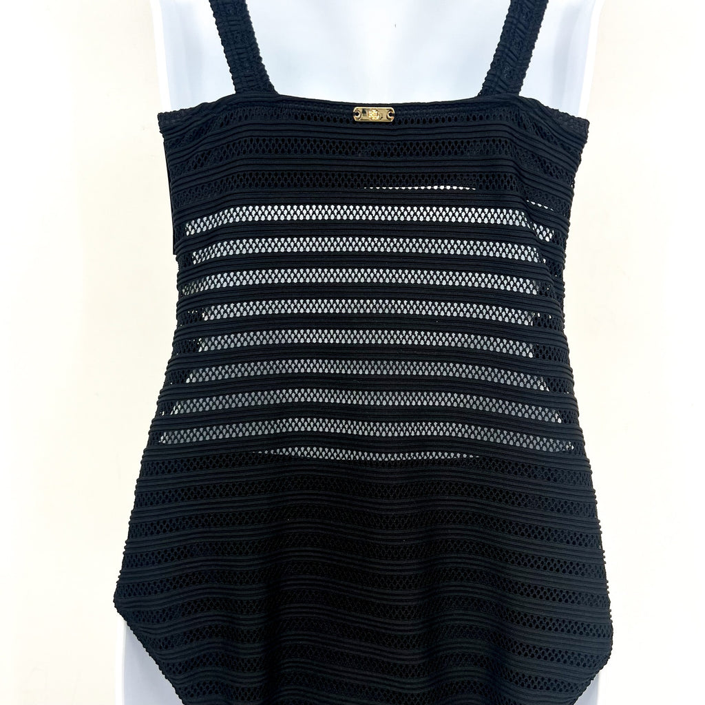 LAUREN RALPH LAUREN Ottoman One-Piece Swimsuit Size 14 Black Mesh Stripe NWT