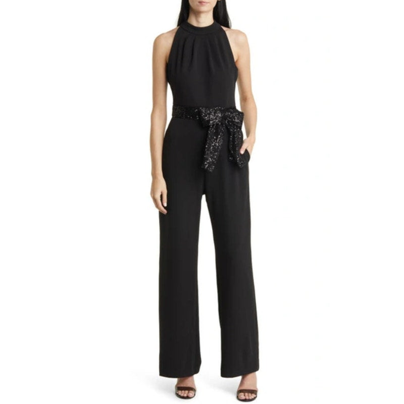 ELIZA J Sequin Bow Detail Sleeveless Jumpsuit SIZE 6 Black Tie Neck NWT