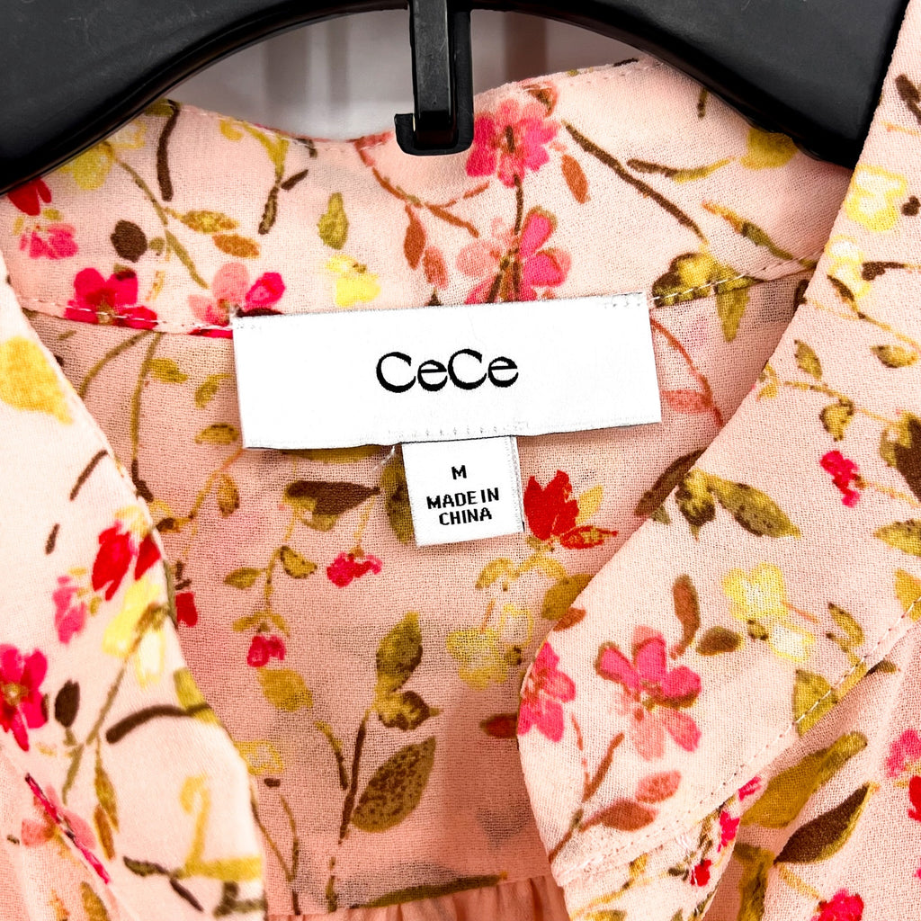 CECE Women's Placket Blouse Medium Pink Floral Double Flutter Short Sleeves NWT