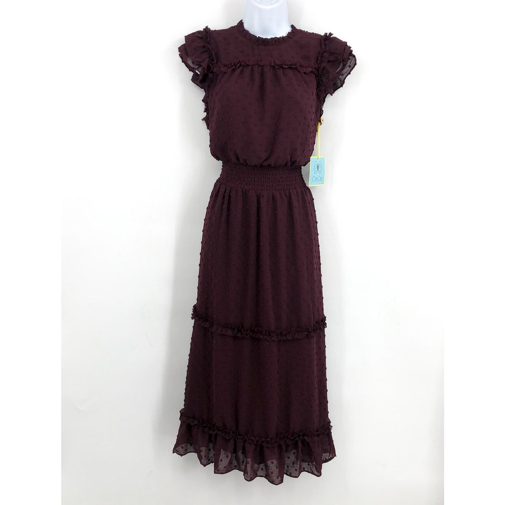 CECE Women's Ruffled Midi Dress Medium Red Rich Flutter Sleeve Swiss Dot NWT