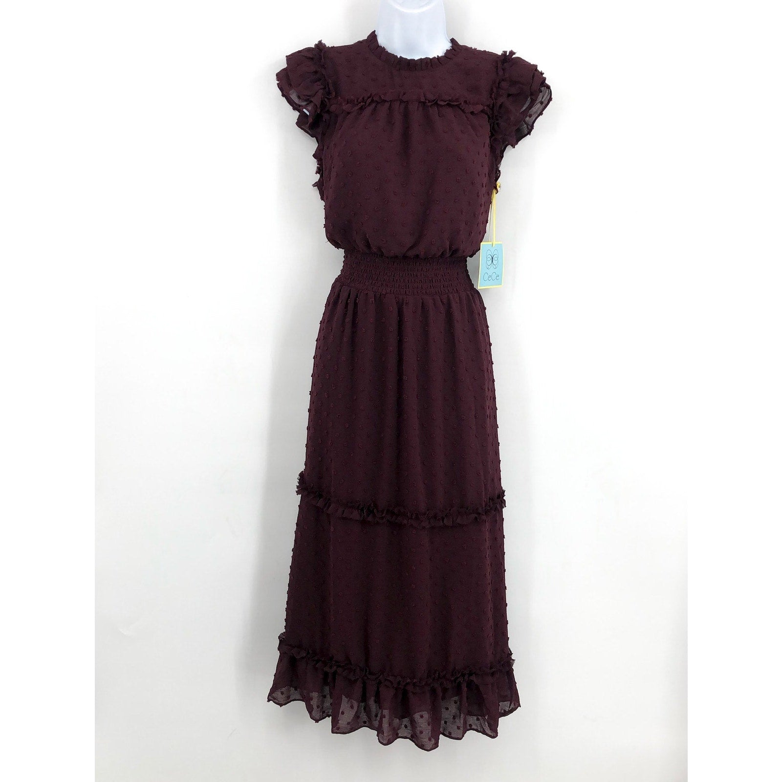 CECE Women's Ruffled Midi Dress Medium Red Rich Flutter Sleeve Swiss Dot NWT