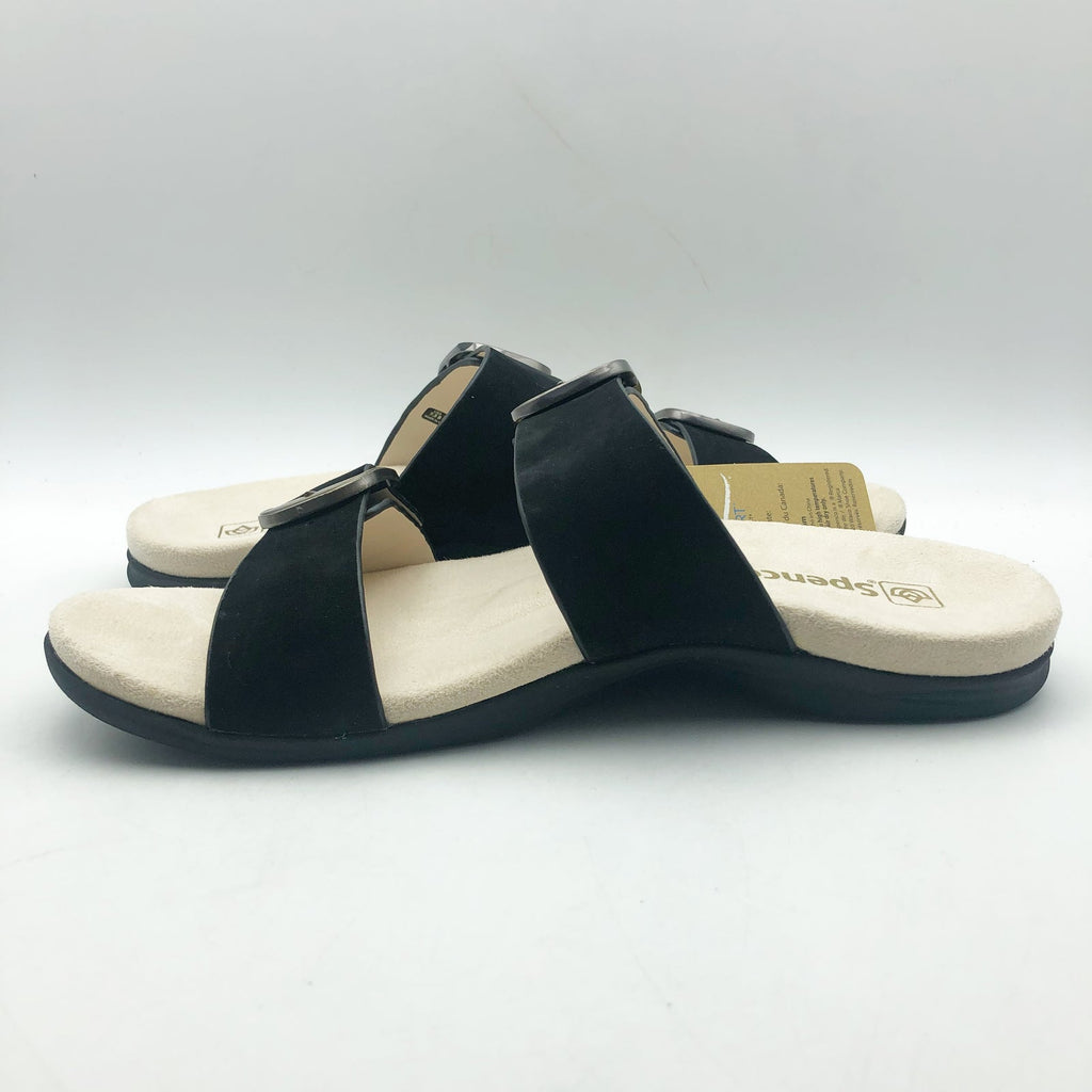 Spenco Womens Vista Slip On Sandals US 7.5 WIDE Black Leather Arch Support NIB