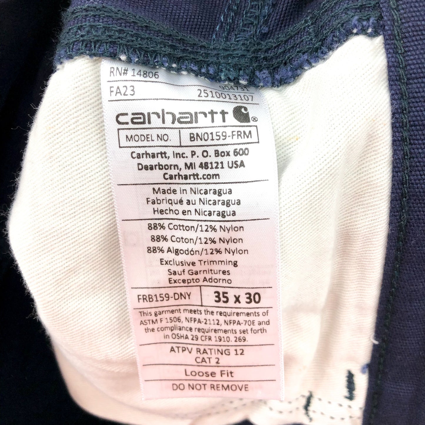 CARHARTT Men's FR Loose Fit Midweight Canvas Utility Pants Navy Blue 35x30