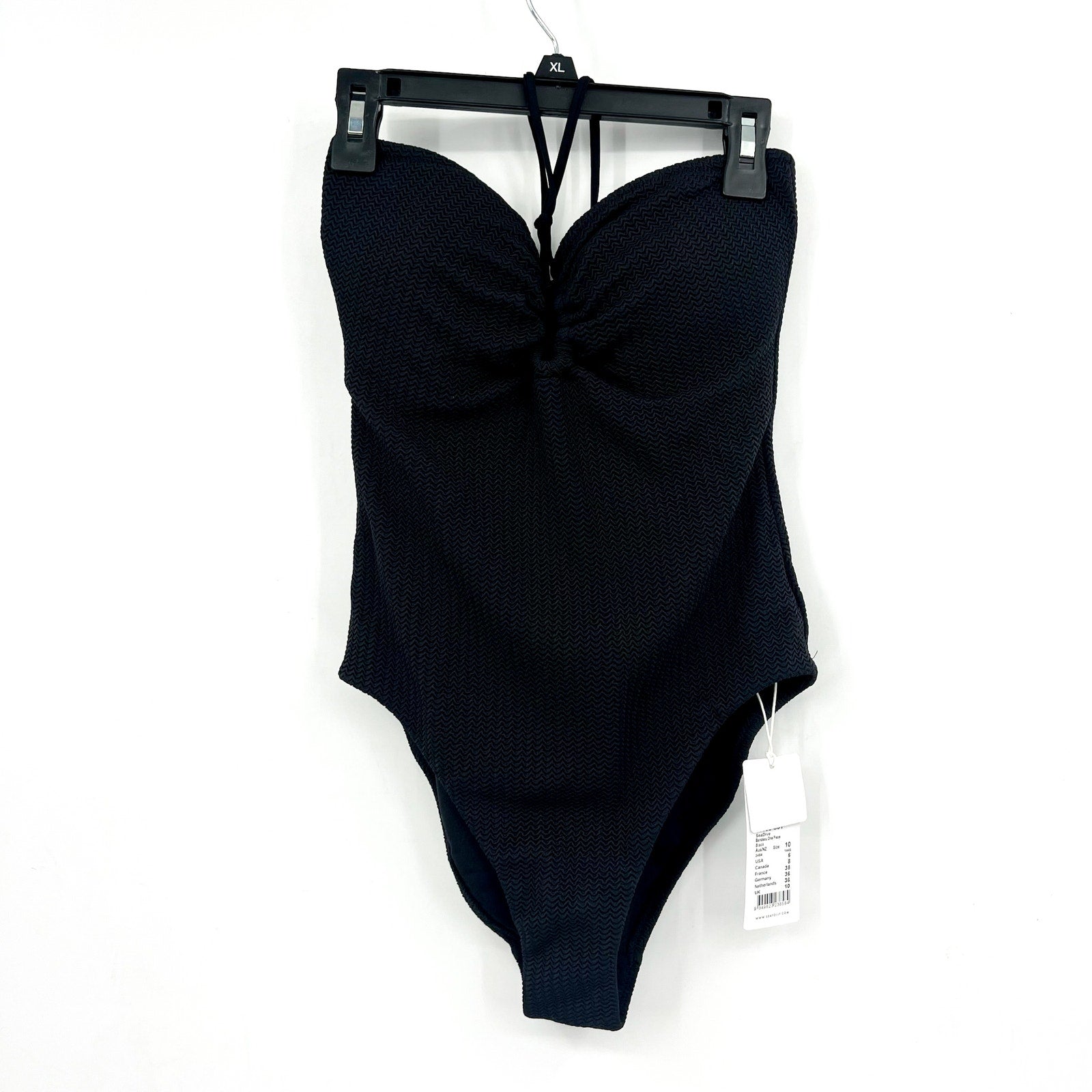 SEAFOLLY Sea Dive Bandeau One Piece Swimsuit Size 6 Black Textured Knit NWT