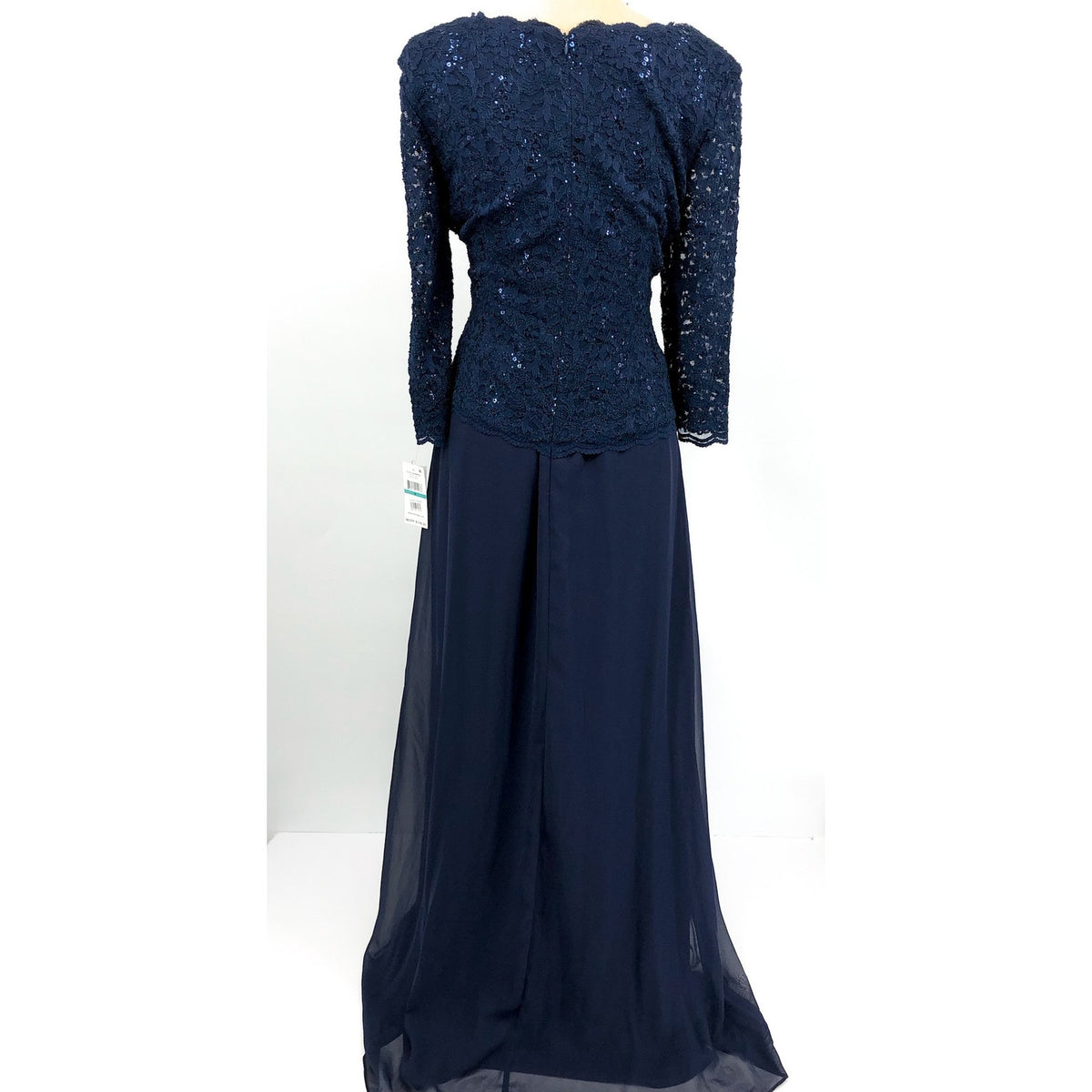 ALEX EVENINGS Sequin Lace Mock Dress Size 16 Navy Chiffon Skirt Sleeves NWT