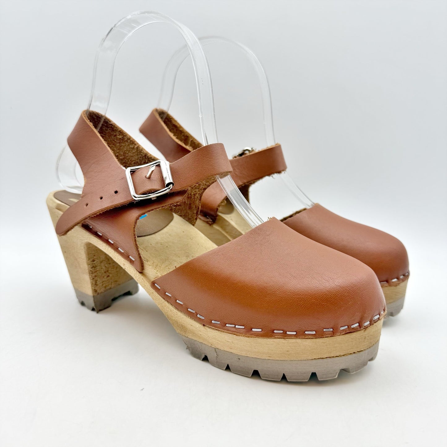 MIA Womens Abba Clogs EU 36 US 6 Luggage Brown Leather Wooden Heel NWOB