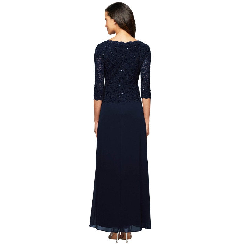 ALEX EVENINGS Sequin Lace Mock Dress Size 16 Navy Chiffon Skirt Sleeves NWT