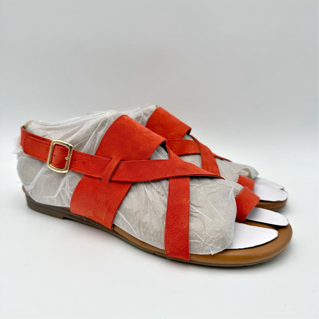 Franco Sarto Womens Gia Flat Sandals Size 7.5 M Orange Red Coral Suede NWOB