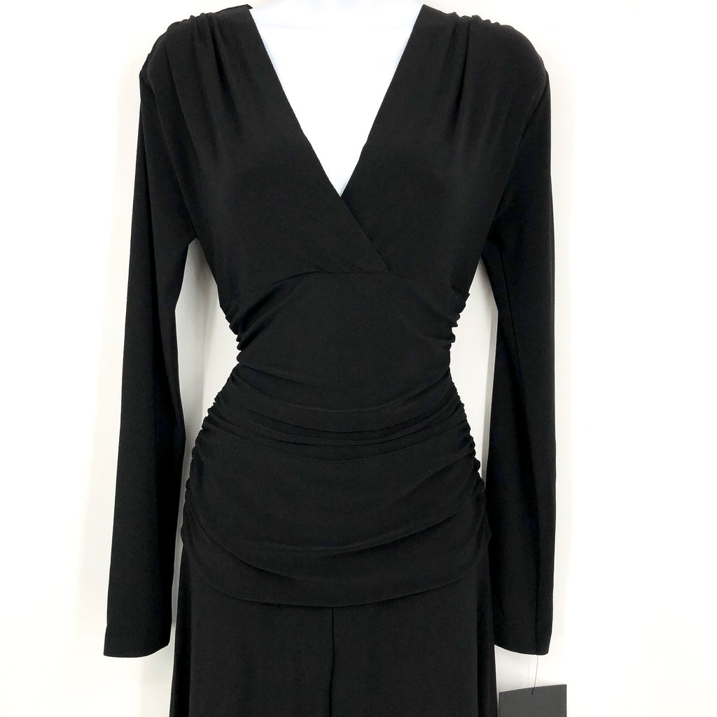 NORMA KAMALI V-Neck Shirred Waist Jumpsuit Medium 38 Black Long Sleeve NWT