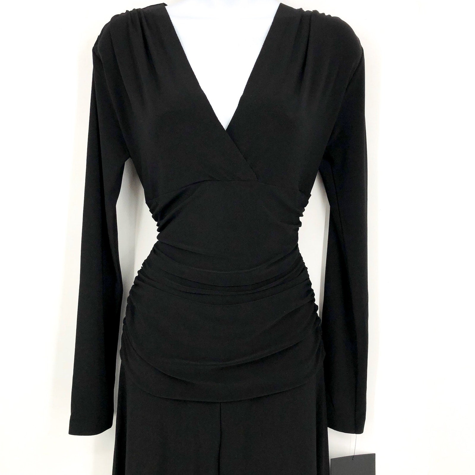 NORMA KAMALI V-Neck Shirred Waist Jumpsuit Medium 38 Black Long Sleeve NWT