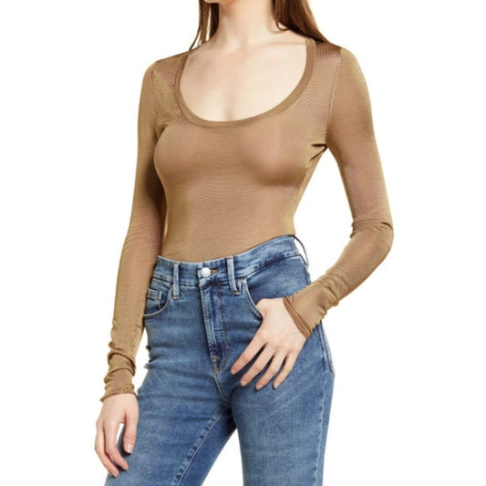 GOOD AMERICAN Scoop Neck Sheer Bodysuit Pale Gold 2 Medium