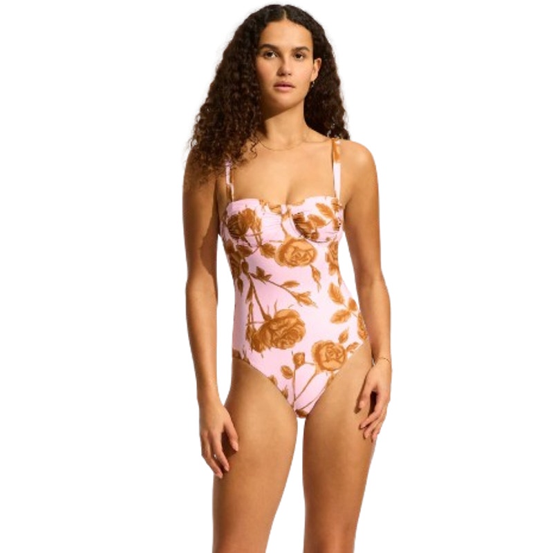 SEAFOLLY Rococo Underwire One Piece Swimsuit Size 8 Pink Blossom Ruched NWT