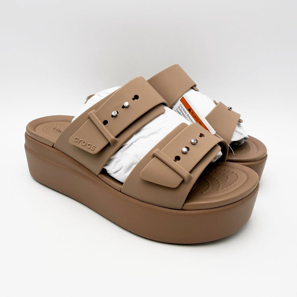 Crocs Womens Brooklyn Buckle Low Wedge Sandals Size 5 EU 34-35 Latte Brown NWT